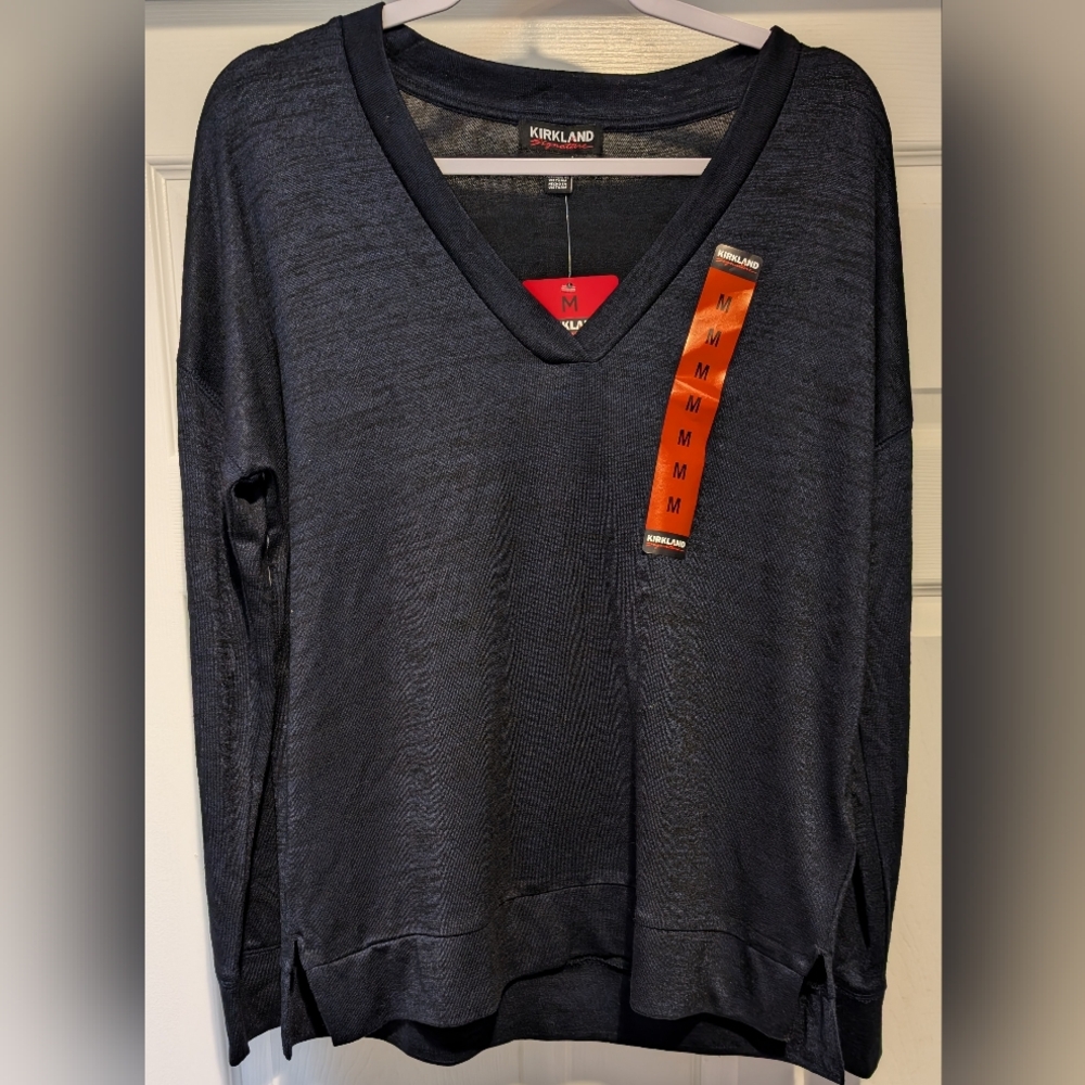 Kirkland NWT Signature Womens Long Sleeve V-Neck Relaxed Fit Top Navy Marled Med